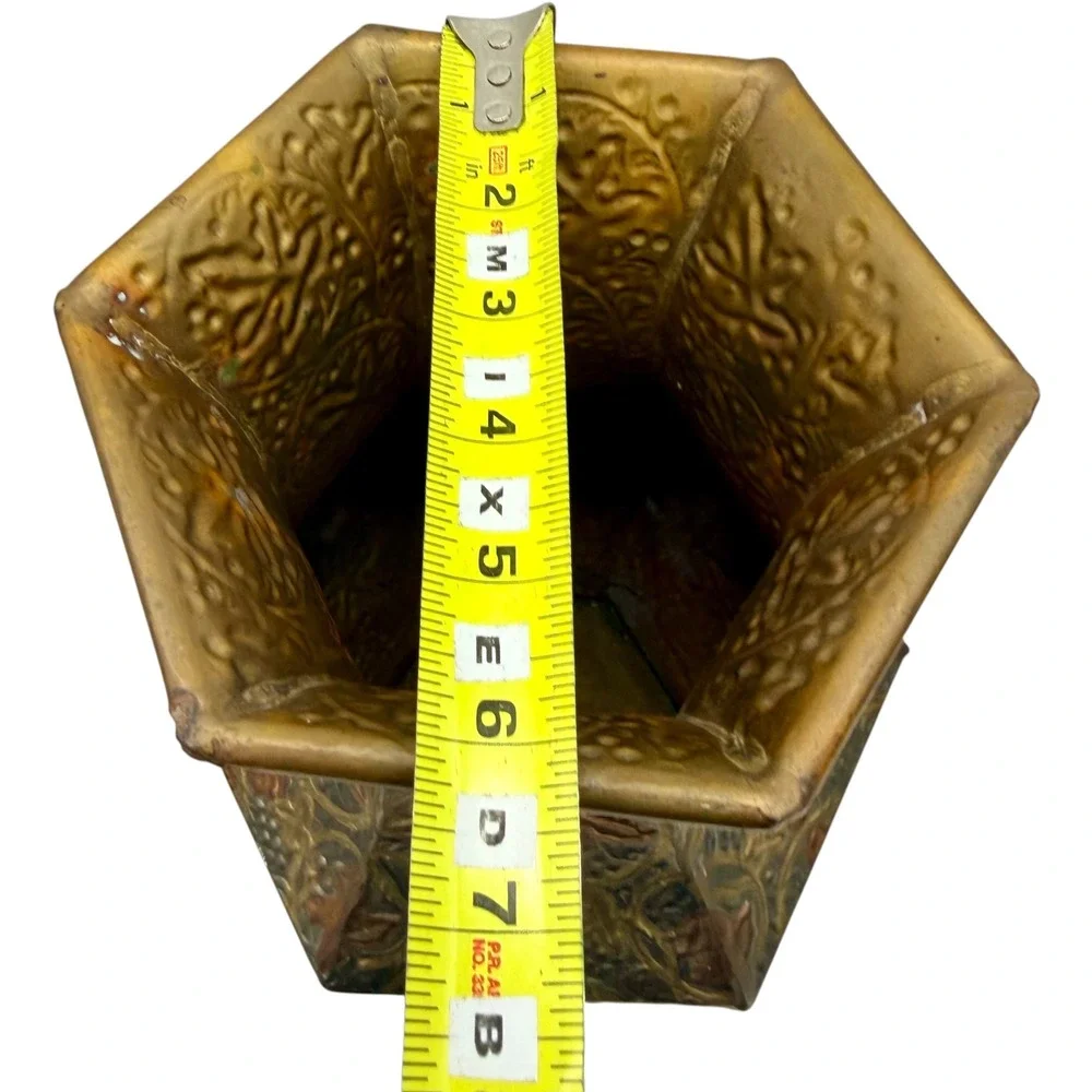 Vintage Mixed Metal Hexagonal Vase Embossed Leaf Design Made in India Good